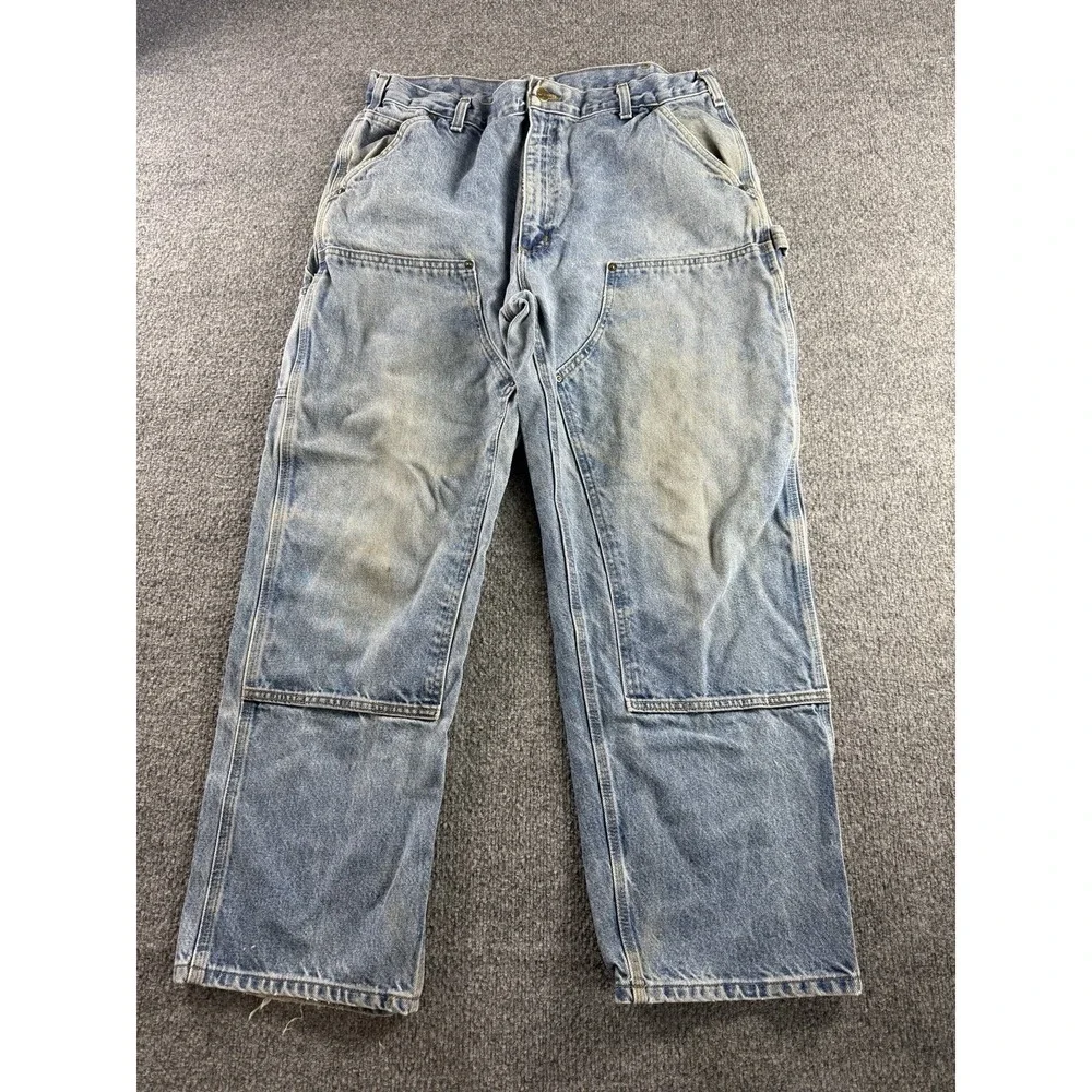 Vintage Faded Carhartt B73 DST Double Knee Dungaree Denim Jeans Men's 38x30 Y2K